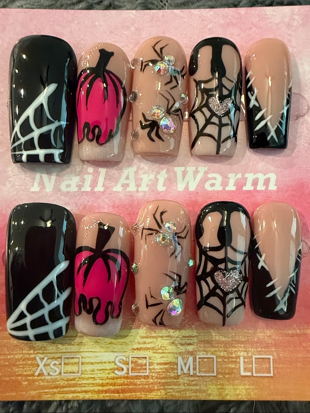 Nail Art Press-On Set — Black, Pink & Nude Halloween Web Design